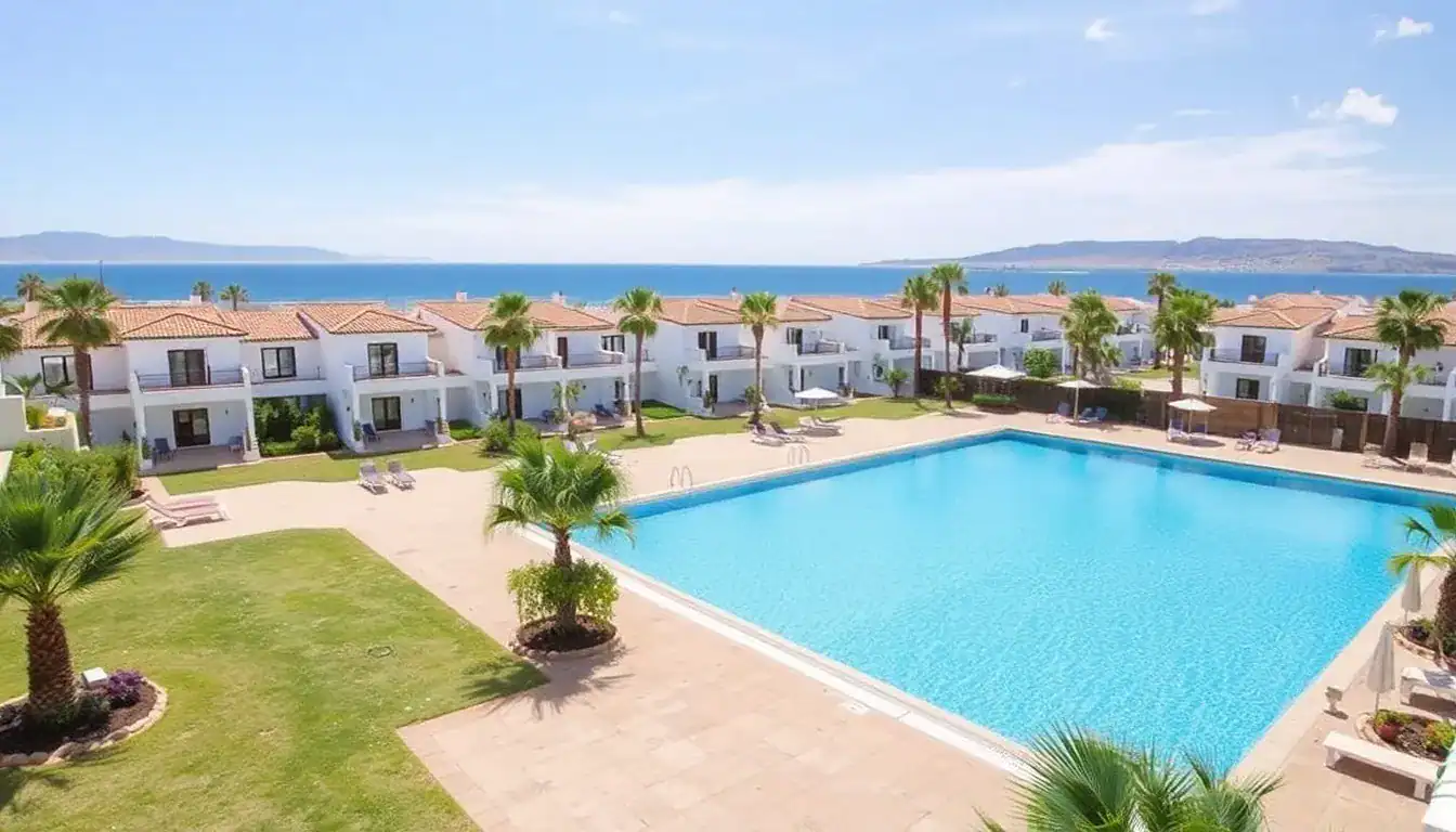 a swimming pool with palm trees and buildings in the background