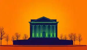 a building with columns and trees