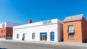 a white building with blue text on it