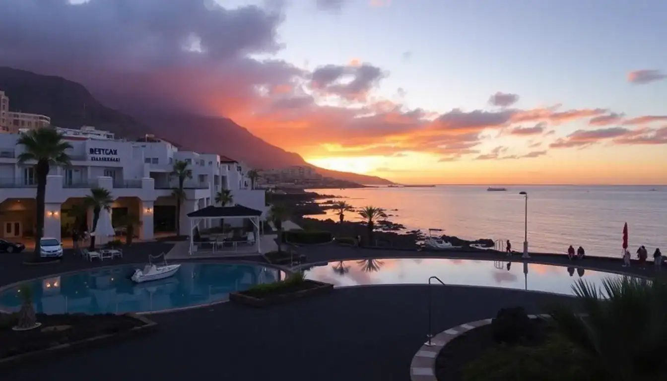 a pool and a building by the water