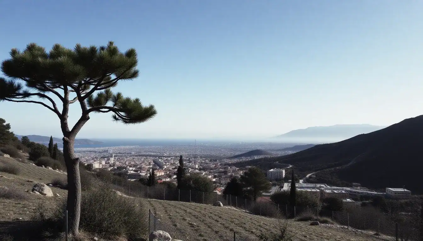 a tree on a hill with a city in the background