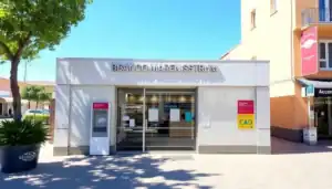 a building with glass doors