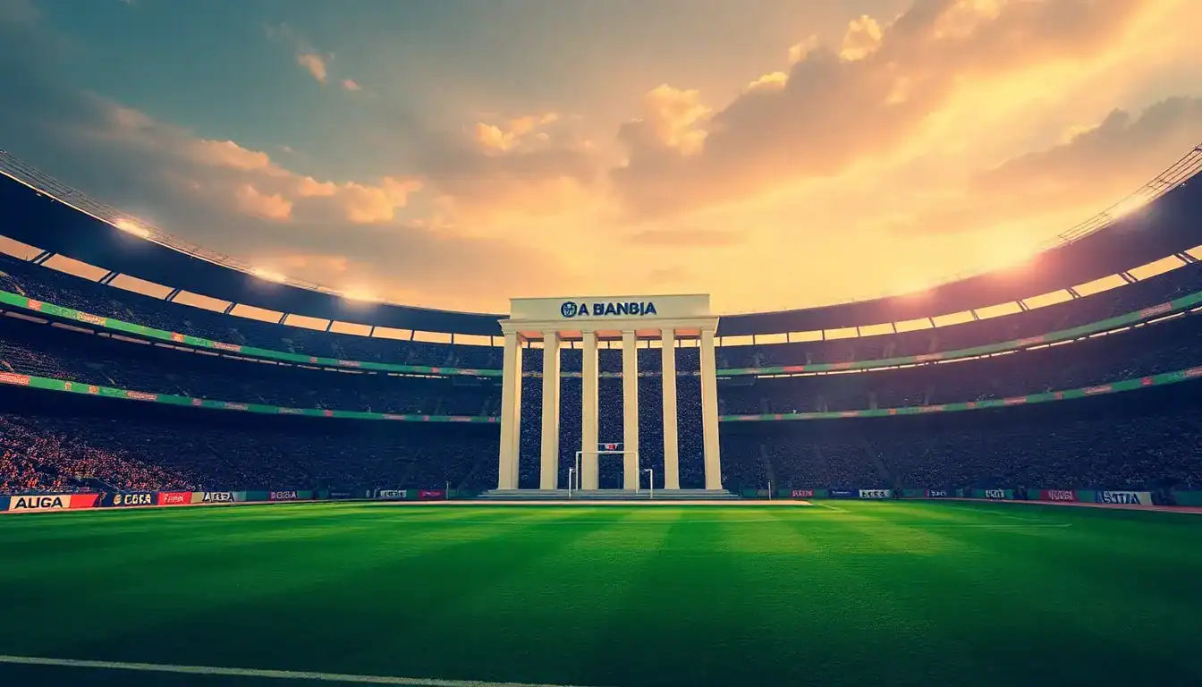 a stadium with columns and a goal post