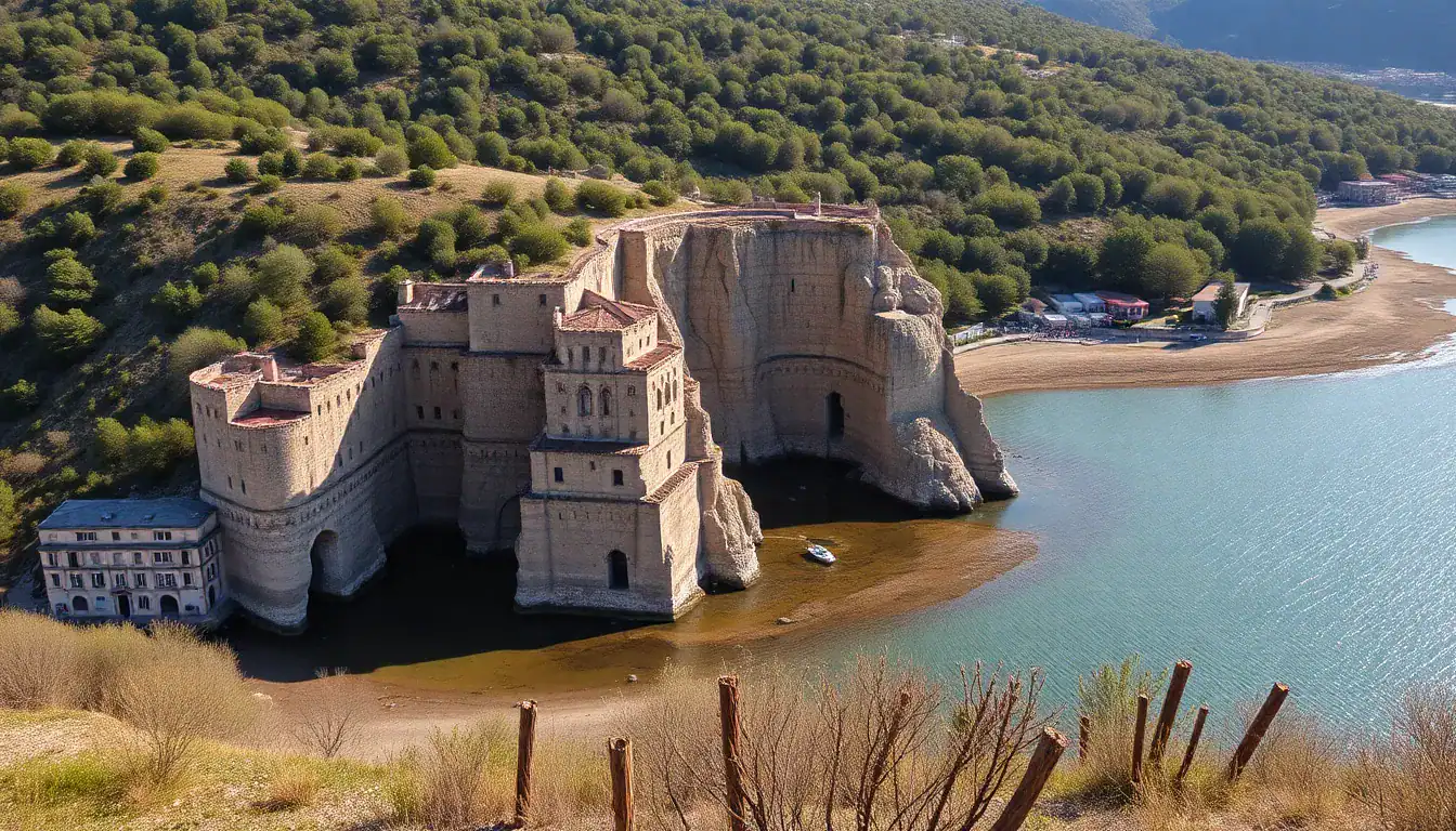 a large stone building next to a body of water