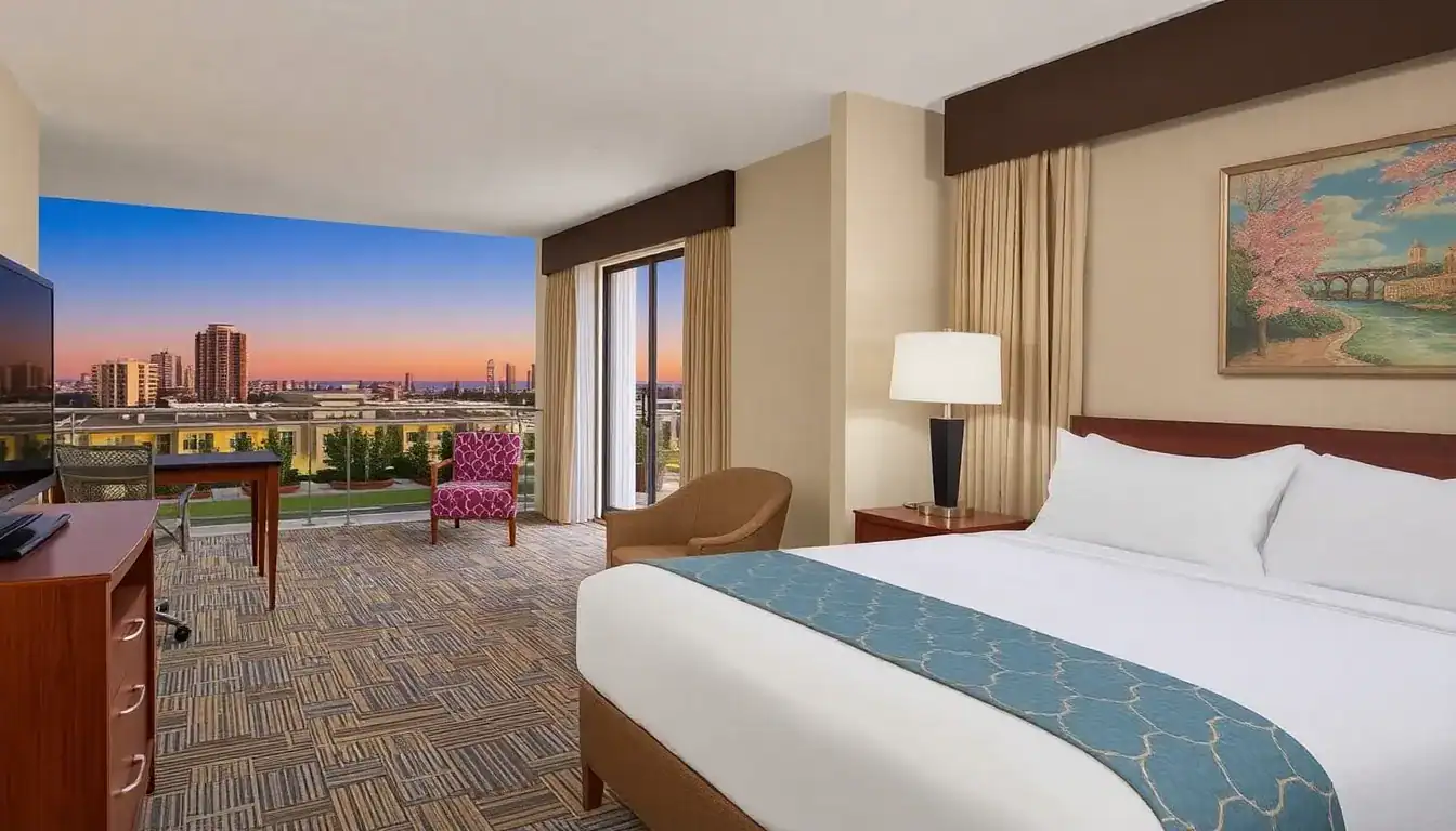 a hotel room with a large window and a bed