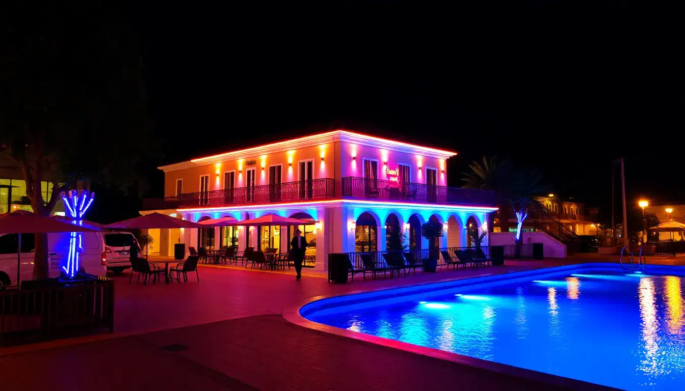 a building with lights on the side of it and a pool