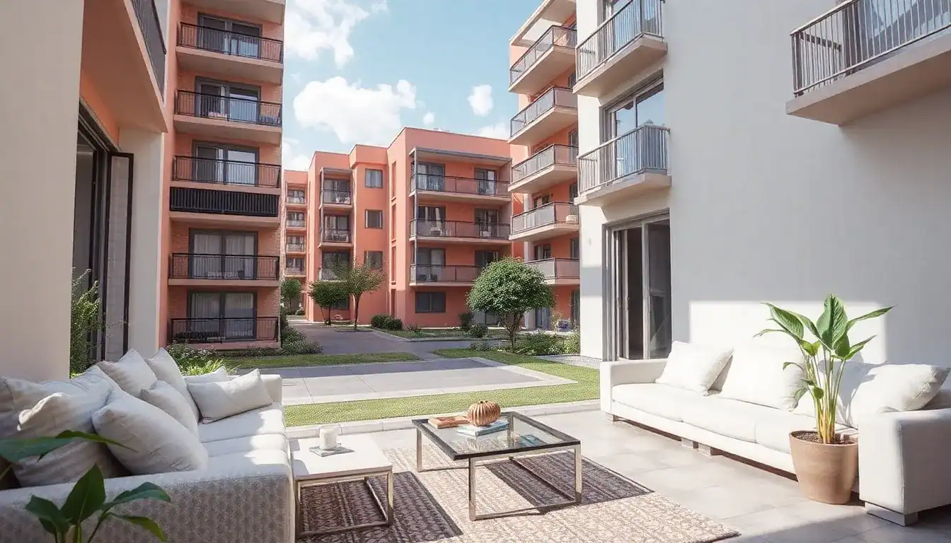 a patio with couches and tables in front of a building