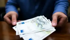 a person holding a stack of money