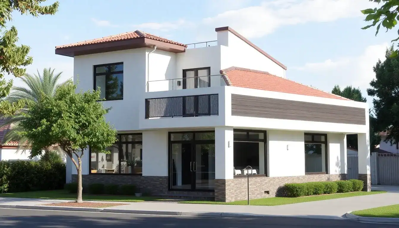 a white house with a red roof