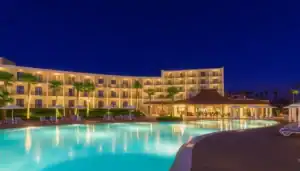 a pool with palm trees and a building at night