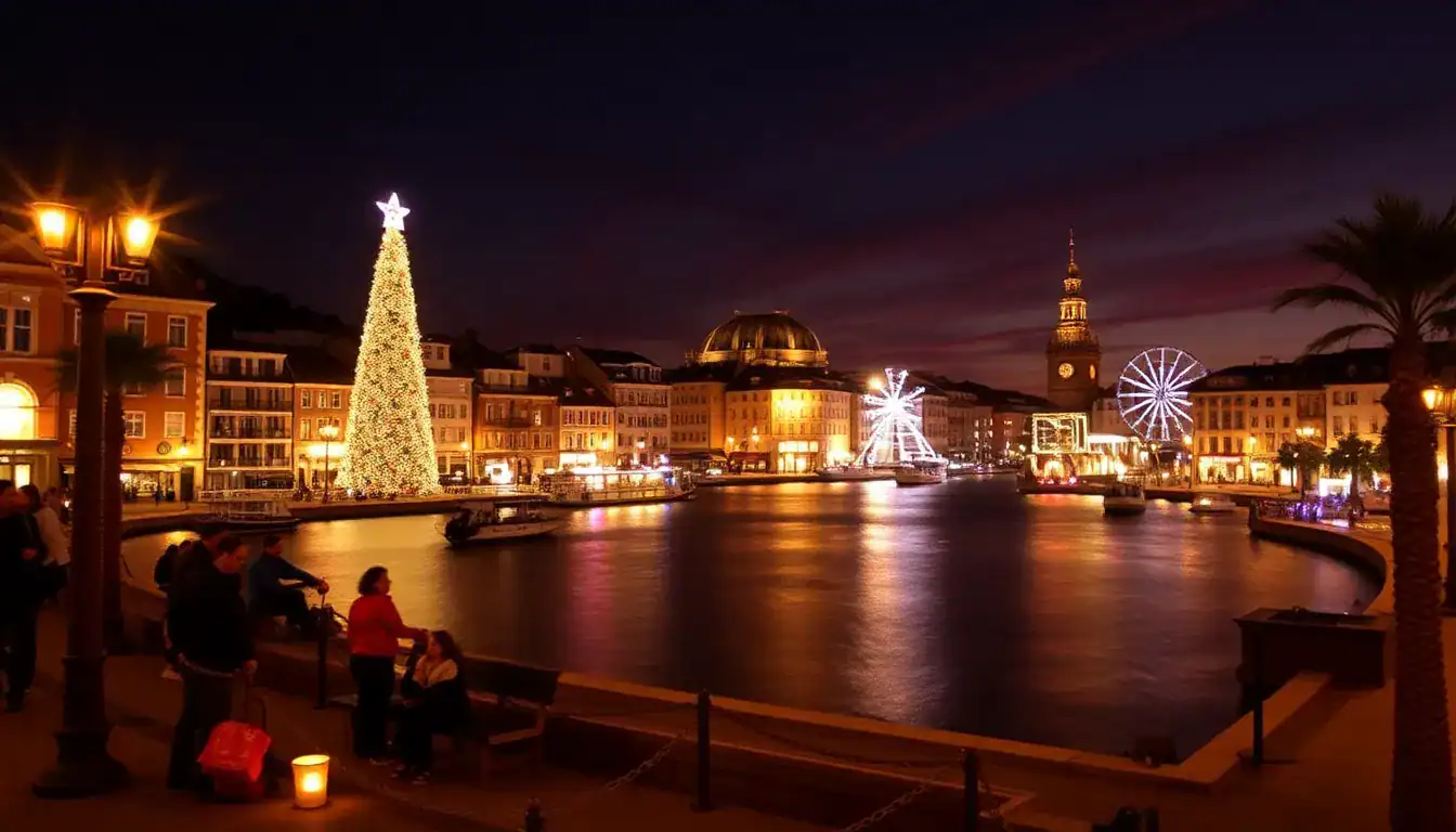 a city with lights and a ferris wheel