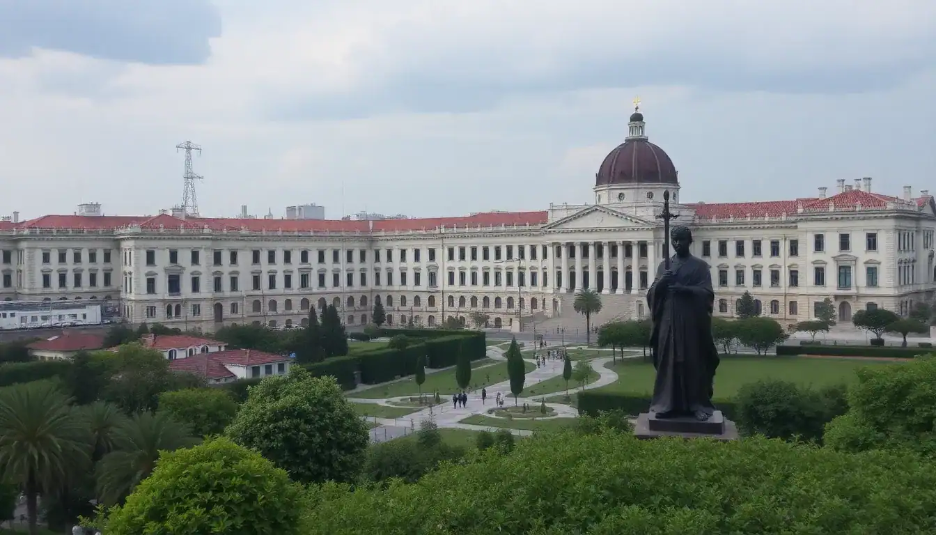 a statue in front of a large white building with Bratislava Castle in the background