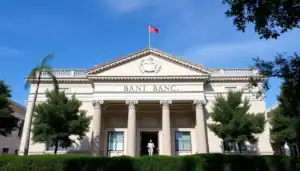 a building with columns and a flag on top