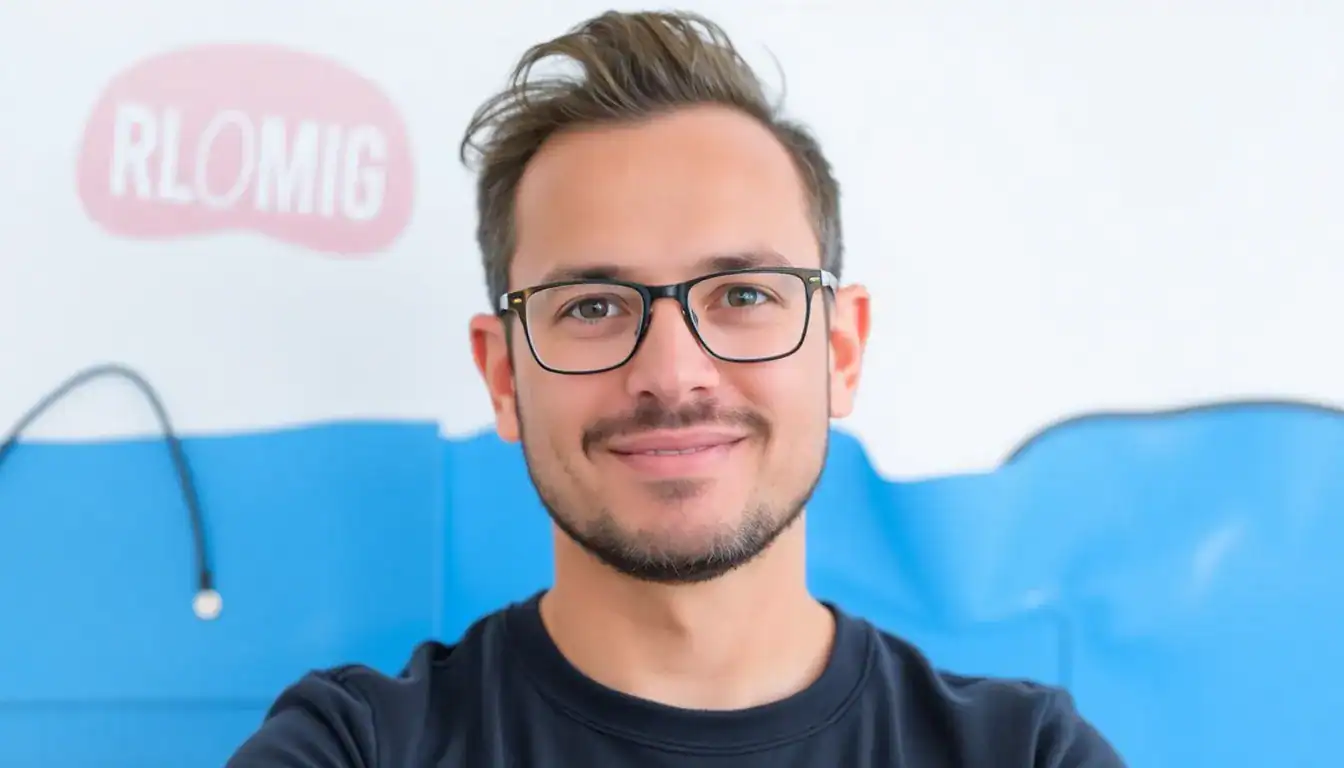 a man wearing glasses and smiling