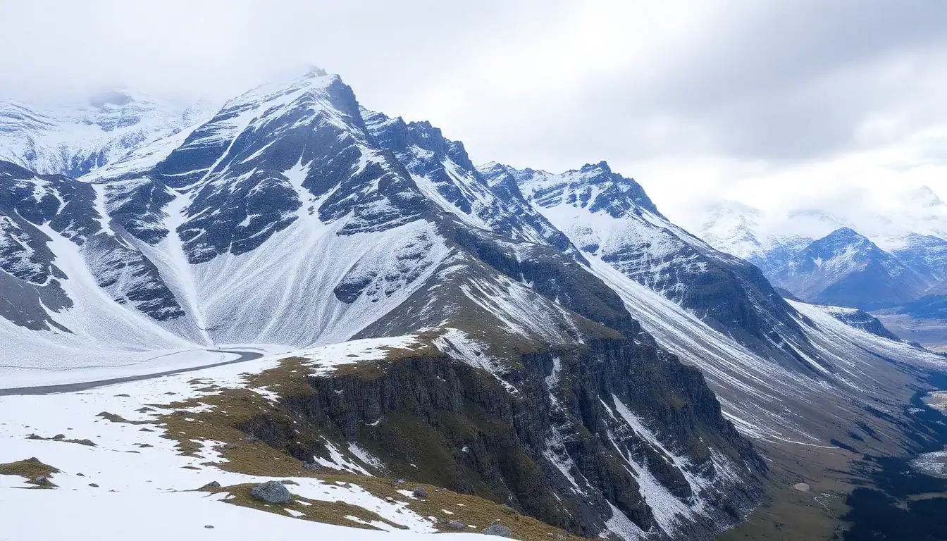 a snowy mountain range with a road