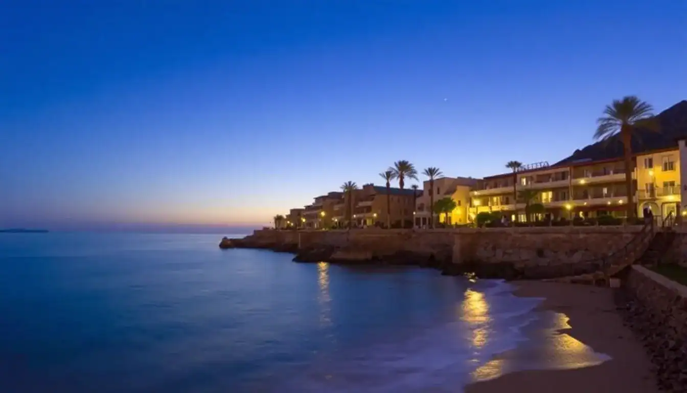 a beach with buildings and palm trees