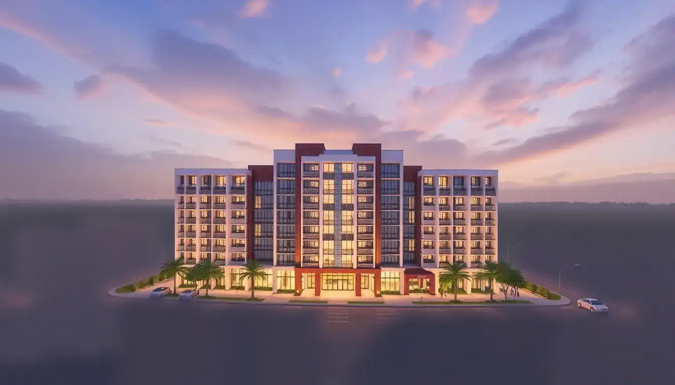 a building with many windows and trees