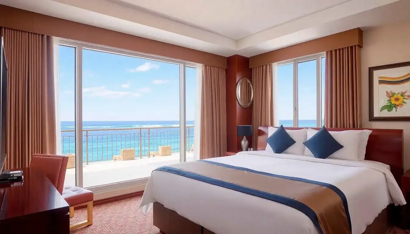 a room with a bed and a view of the ocean